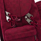 Gucci burgundy backpack interior straps with buckle hardware and patterned lining
