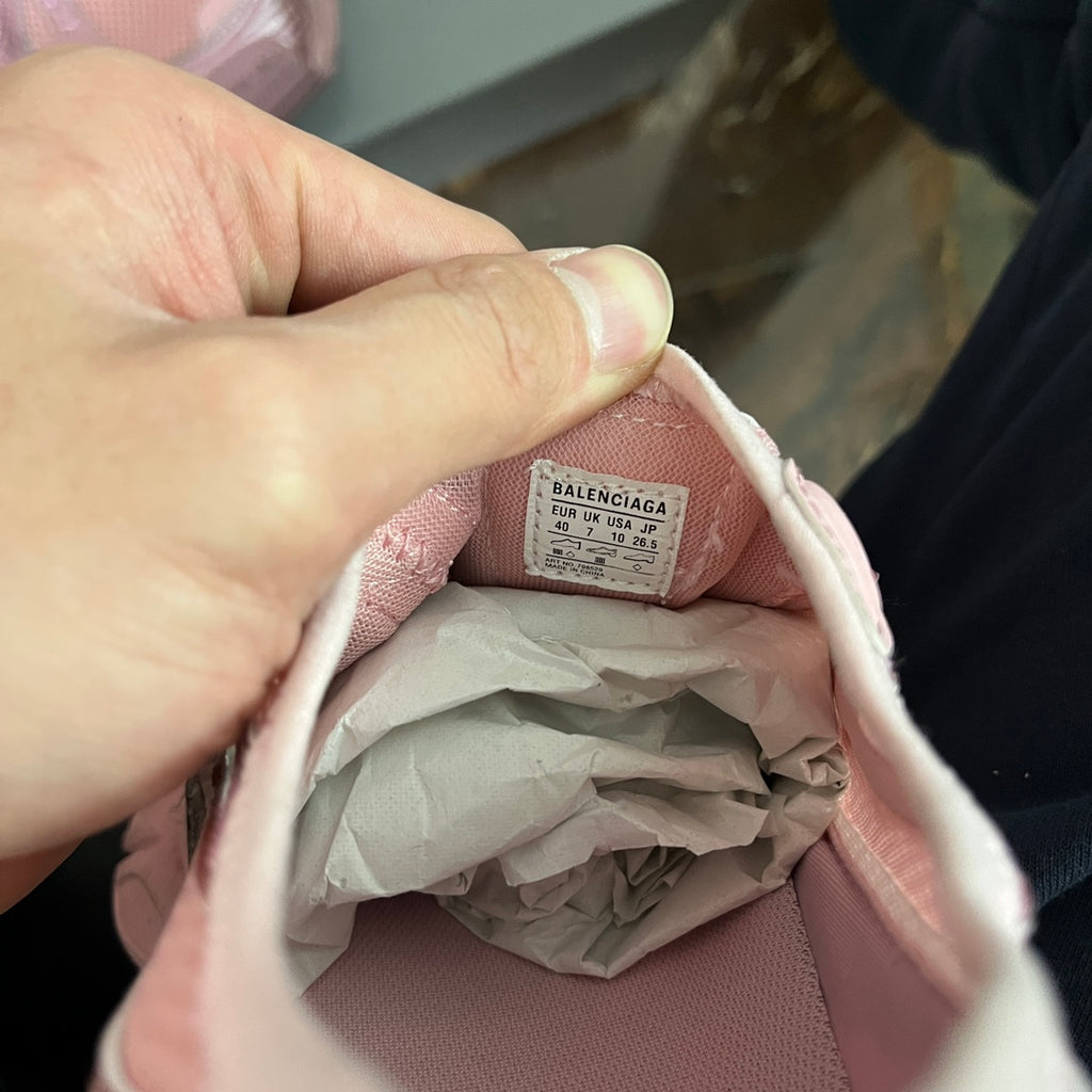 Pink Balenciaga unisex sneaker interior with size label and “BALENCIAGA” text