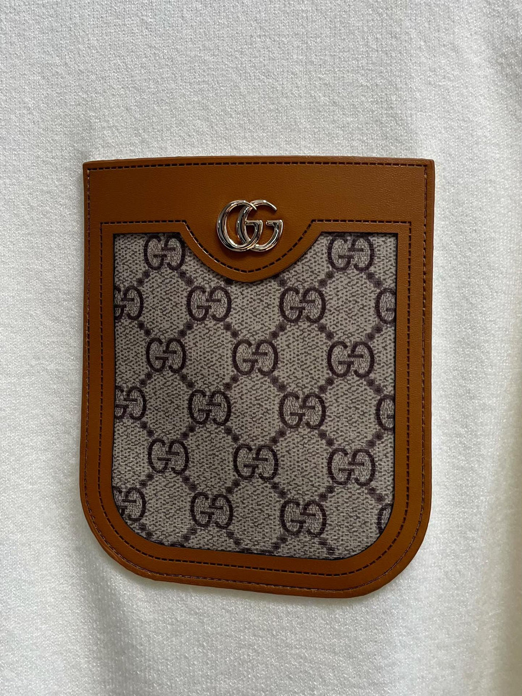 Gucci brown monogram logo patch appliqué on white knit sweater