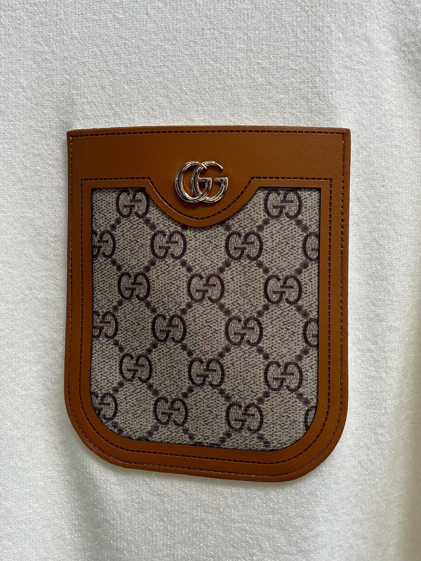 Gucci brown monogram logo patch appliqué on white knit sweater