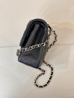 Chanel dark navy small leather shoulder bag with top handle and chain strap