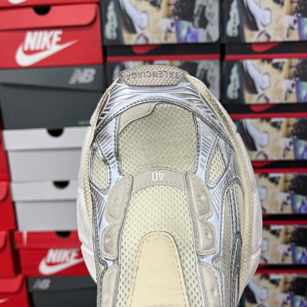 Balenciaga unisex sneakers, rear view with cream and blue fabric panels