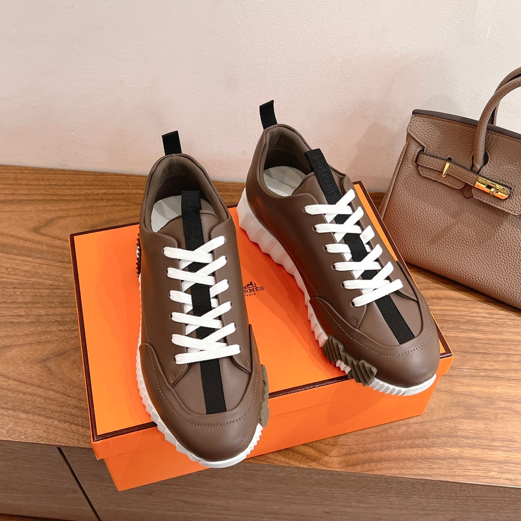Hermes unisex sneakers, brown leather, white laces, black side panel and heel trim