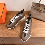 Hermes unisex sneakers, brown leather, white laces, black side stripe detail, chunky sole