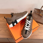 Hermes unisex sneakers, brown leather, white laces, ribbed white midsole and black accents