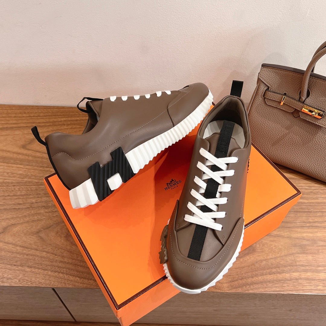Hermes unisex sneakers, brown leather, white laces, ribbed white midsole and black accents