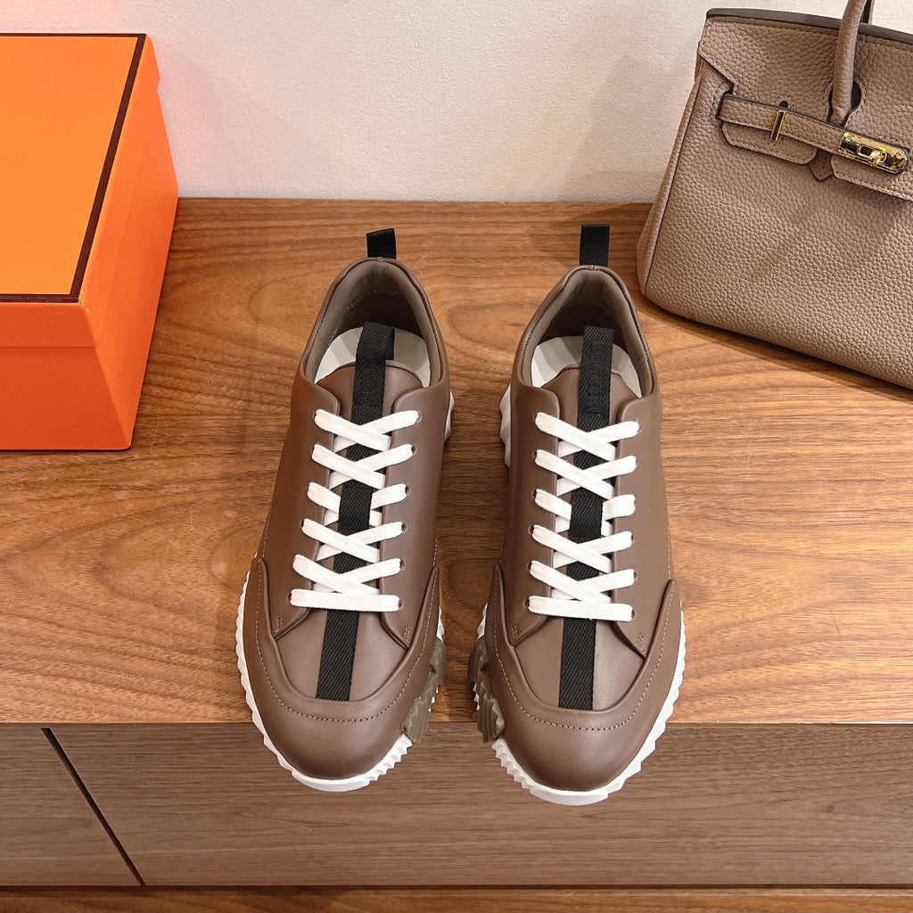 Hermes unisex sneakers, brown leather, white laces, black heel tab and side stripes