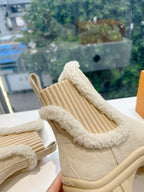Louis Vuitton suede ankle boots, beige with shearling trim and ribbed chunky sole