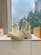 Louis Vuitton suede chelsea ankle boots, beige shearling collar and ridged sole