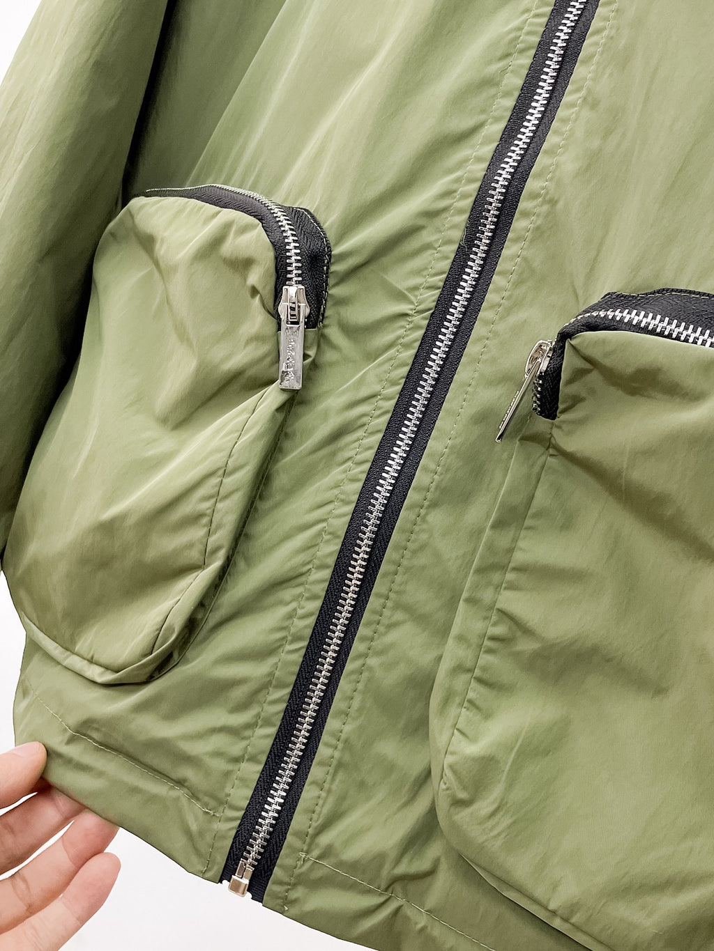 Prada hooded long jacket side pocket and zipper detail in olive green