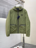 Prada hooded long jacket in olive green with front zip and flap pockets