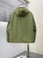 Prada hooded long jacket back view in olive green with full-zip front