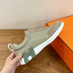 Hermes unisex sneakers, light suede upper, white chunky midsole with green inserts
