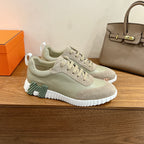 Hermes unisex sneakers, light suede and smooth leather, ribbed white midsole