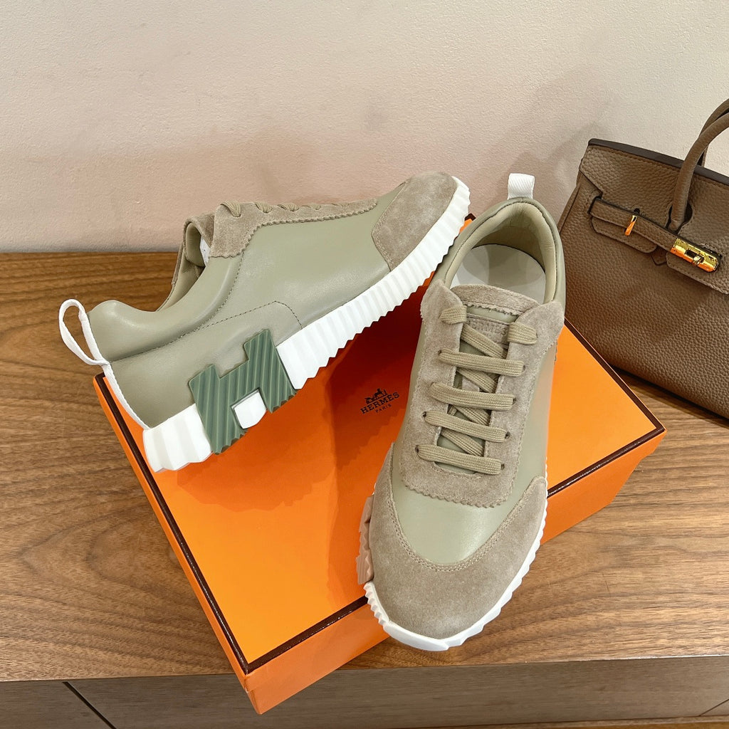 Hermes unisex sneakers, light suede with green accent panels, white cupsole