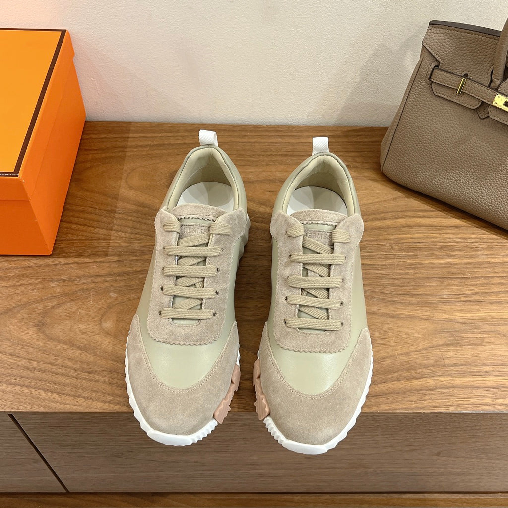 Hermes unisex sneakers, light suede and mesh upper with white laces and cupsole