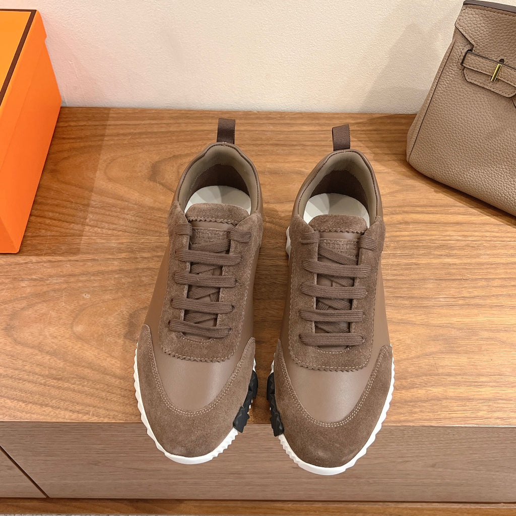Hermes unisex sneakers in taupe suede with lace-up front and white rubber sole