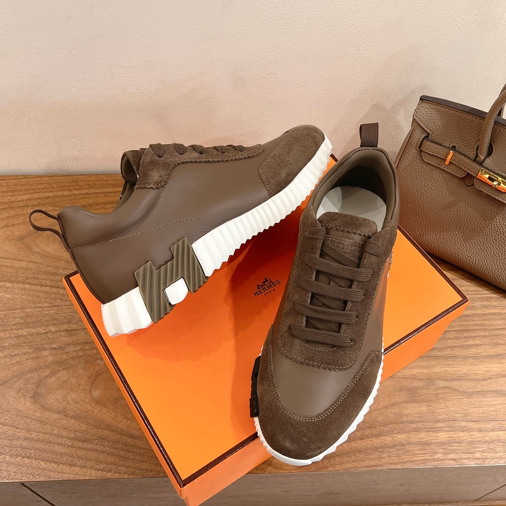 Hermes unisex sneakers with taupe suede and smooth leather trim, white platform sole