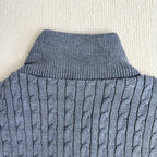 Ribbed knit collar and cable-knit sleeve section on a light blue puffer jacket