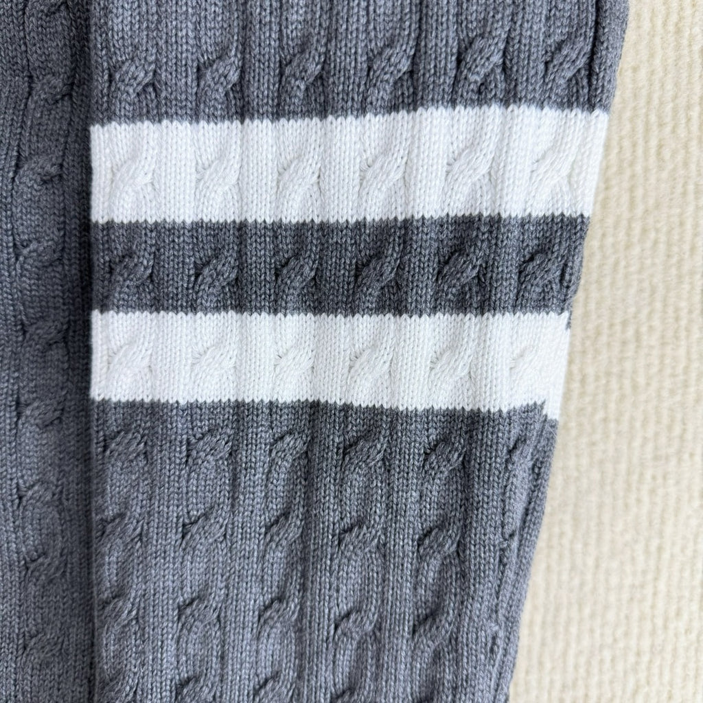 Moncler long knit sweater with white stripe panels, light blue cable knit texture