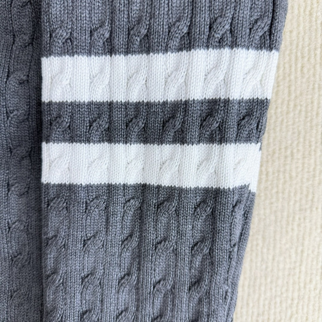 Moncler long knit sweater with white stripe panels, light blue cable knit texture