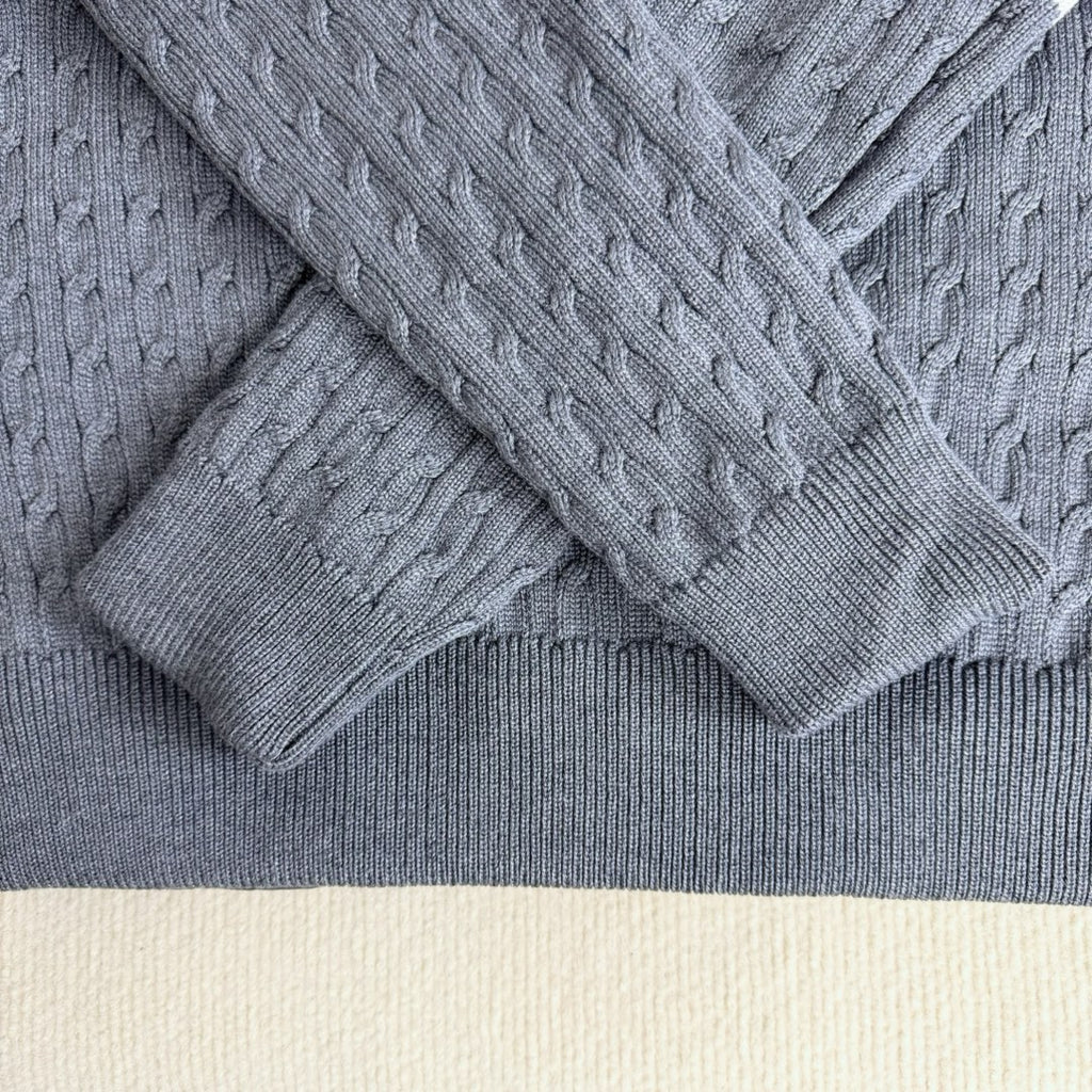 Moncler long knit sweater, light blue cable knit hem and cuffs