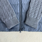 Long puffer jacket front with zipper and knit sleeves, open collar view