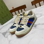 Gucci unisex low-top sneakers, white leather with blue patterned panels and multicolor web stripe
