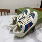Gucci unisex low-top sneakers with white laces and blue patterned toe, multicolor web stripe details