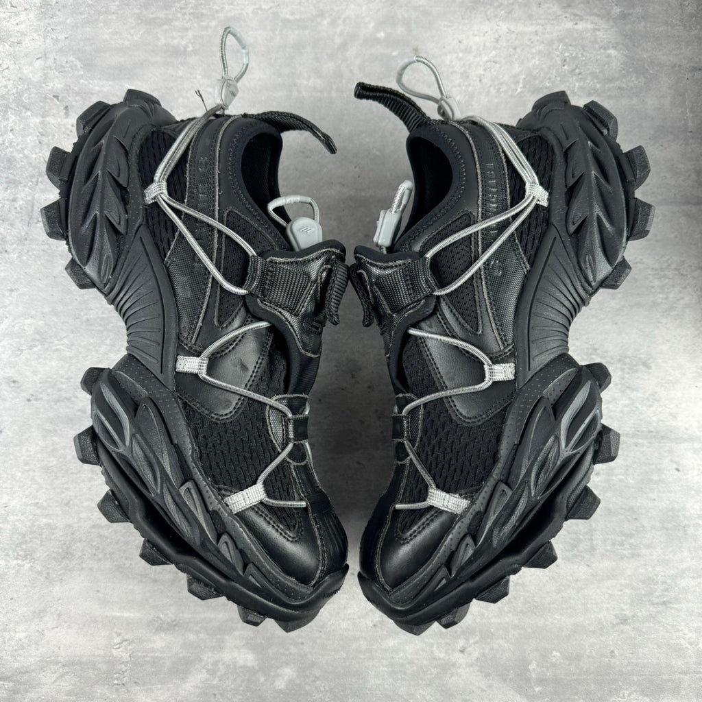 Balenciaga unisex sneakers, black leather with chunky textured tread and lace-up straps