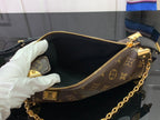 Louis Vuitton monogram bag interior with zip closure and black lining