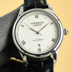 Rolex wristwatch with white dial, black leather strap, round silver case