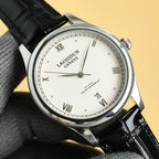 Rolex wristwatch angled view; white dial with Roman numerals, black leather strap