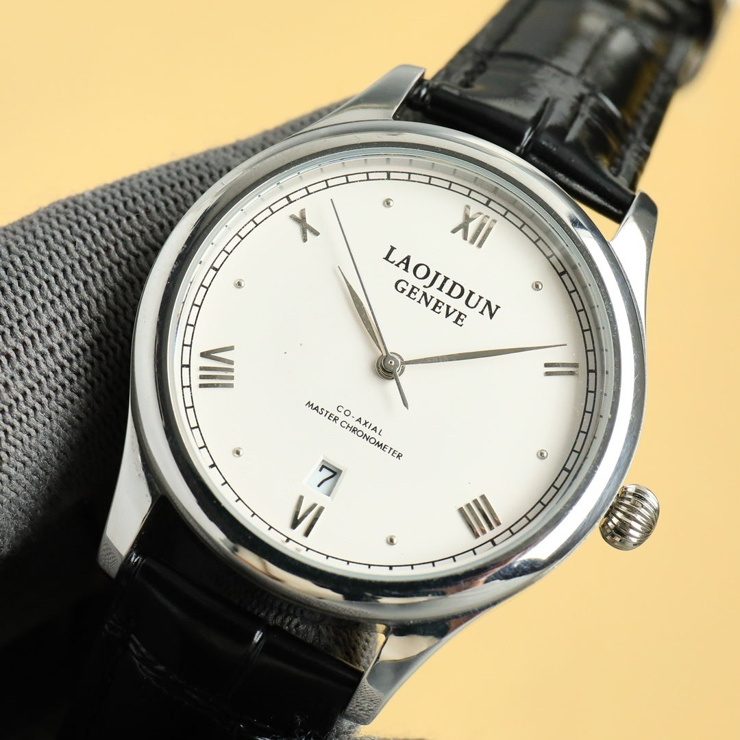 Rolex wristwatch front view; white dial with Roman numerals, black leather strap