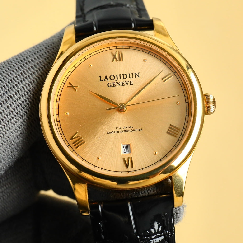 Rolex wrist watch: gold-tone case, light dial, black leather strap