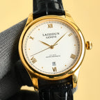Rolex wrist watch: gold-tone case, light dial, black leather strap