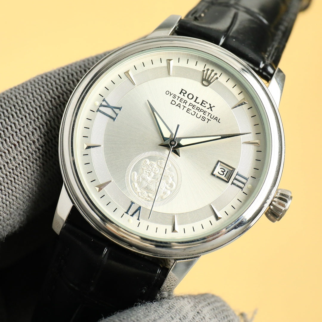 Steel Datejust wristwatch with white dial, date window, black leather strap