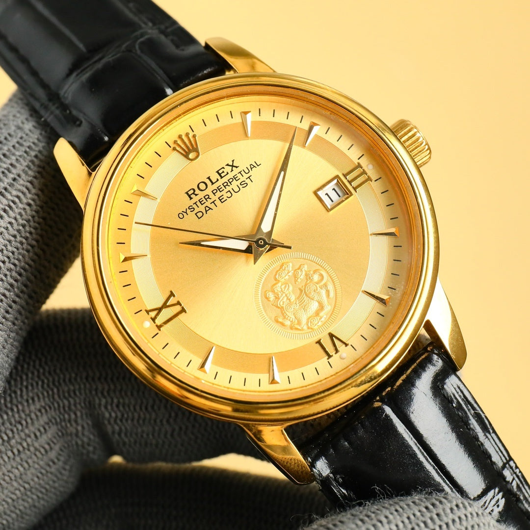 Rolex Datejust gold wristwatch with gold dial, date window, black leather strap