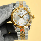 Rolex watch with silver-toned dial, gold bezel, two-tone bracelet and date window at 3