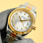 Rolex watch with white dial, gold bezel, two-tone bracelet and date window at 3