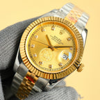 Rolex watch with gold dial, gold bezel, two-tone bracelet and date window at 3 o'clock