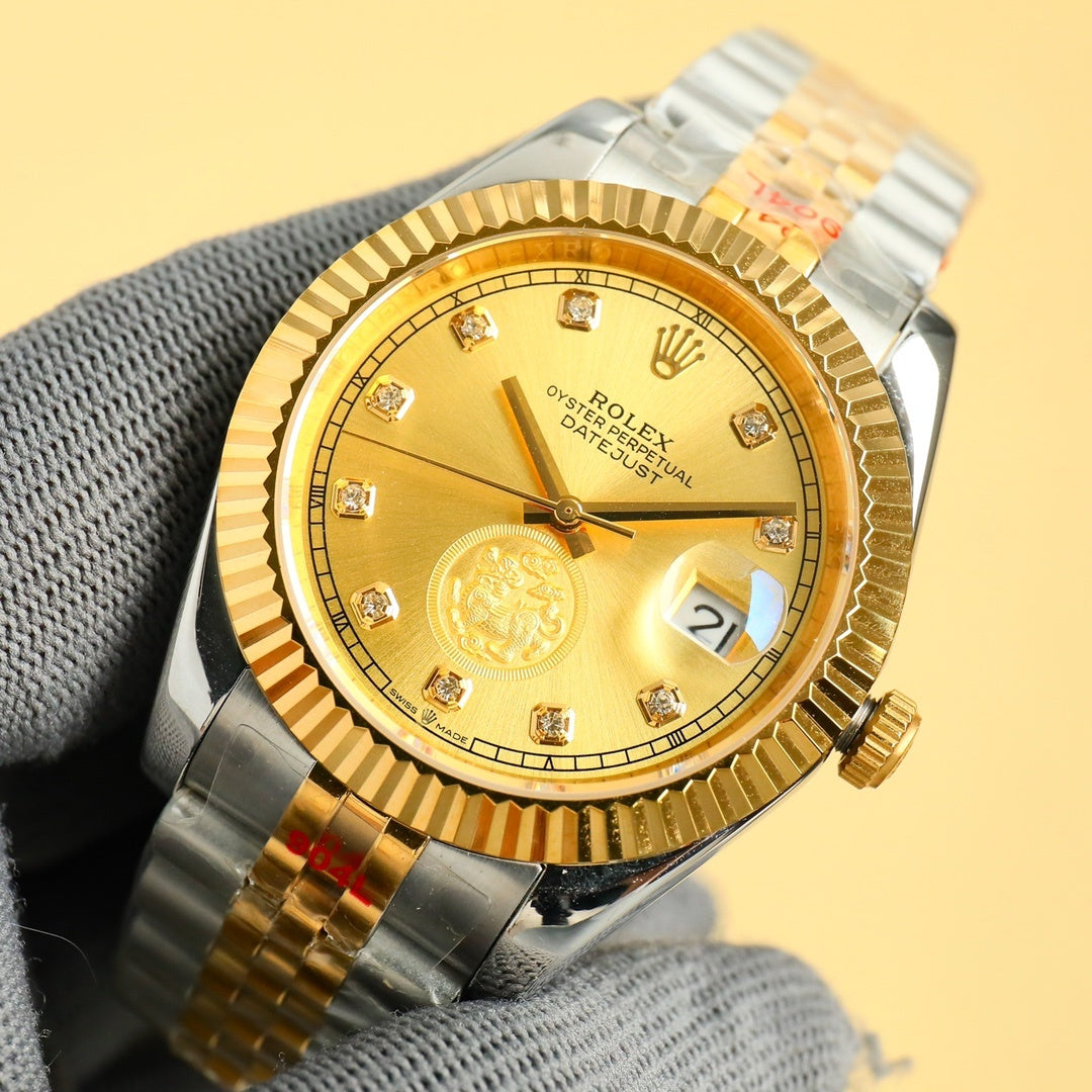 Rolex watch with gold dial, gold bezel, two-tone bracelet and date window at 3 o'clock