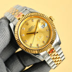 Rolex watch angled front view with gold dial, gold bezel, and two-tone bracelet