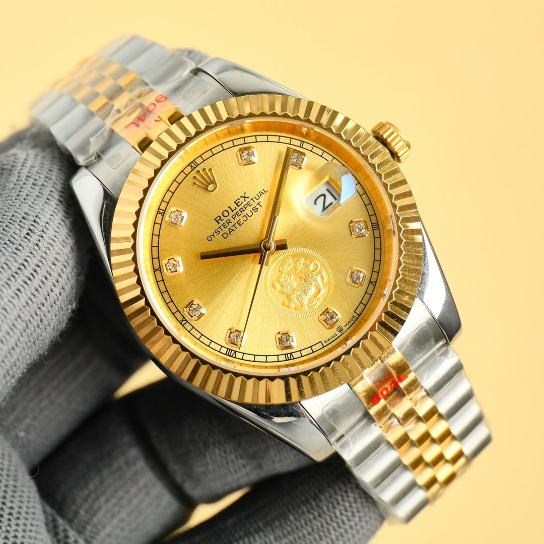 Rolex watch angled front view with gold dial, gold bezel, and two-tone bracelet
