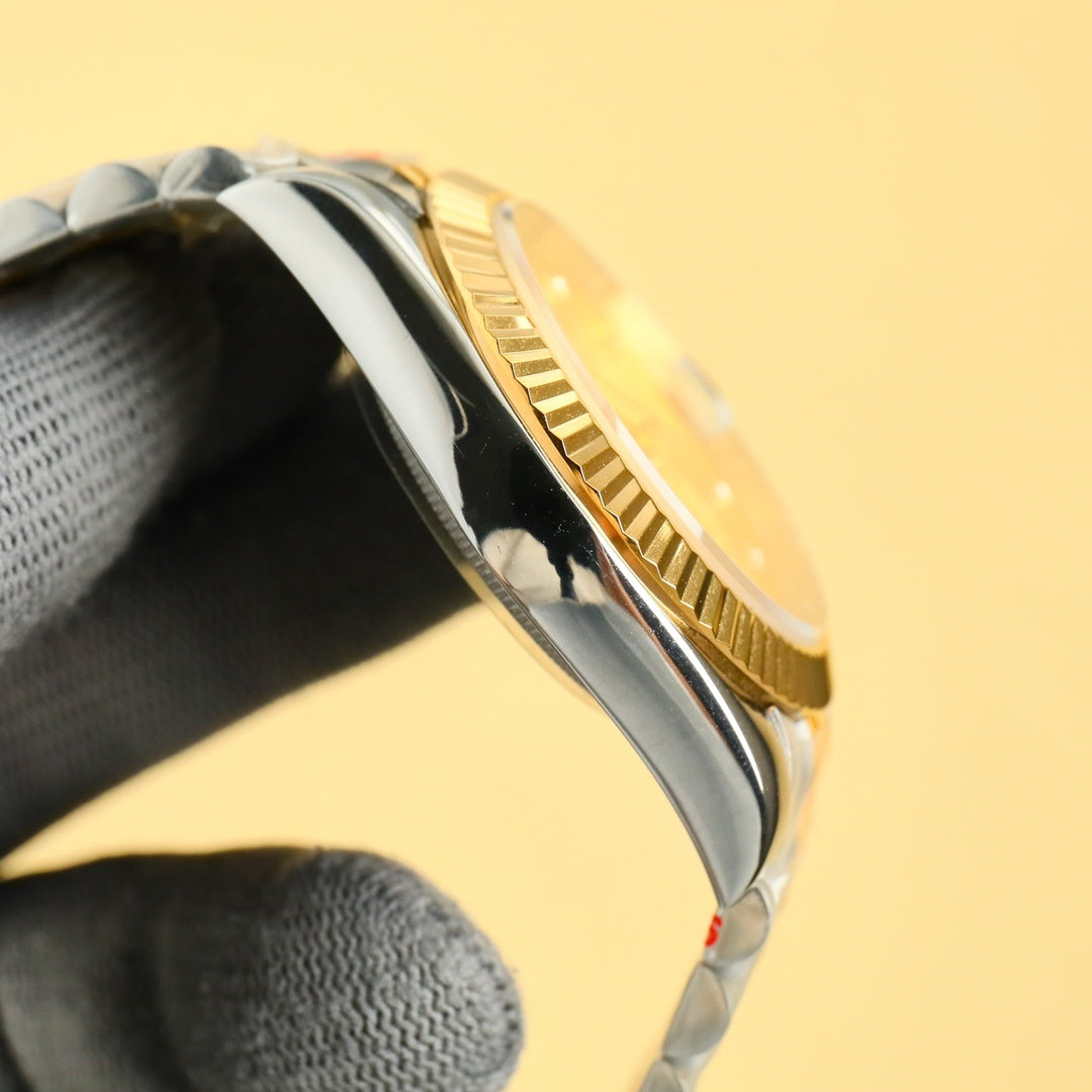 Rolex watch profile with gold bezel, polished case, and two-tone bracelet links