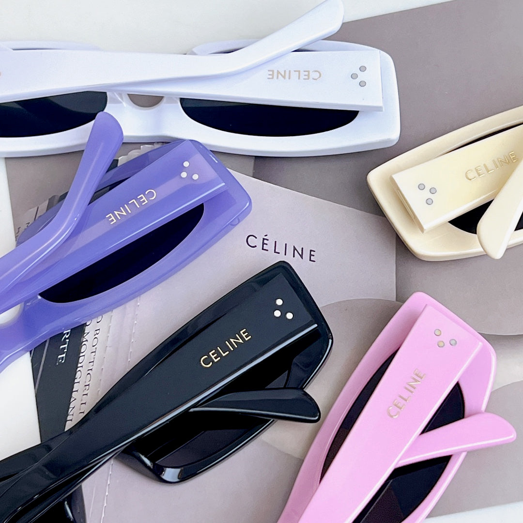 Celine sunglasses assortment, multiple frames including white, purple, black, and pink.