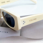 Celine sunglasses, cream frame with dark lens, close-up of side and arms.