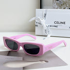 Celine sunglasses, pink frame with dark lenses, full-rim cat-eye style.