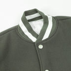 Dark green jacket collar with white striped trim and snap button