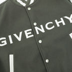 Dark green jacket front with white Givenchy lettering and snap buttons